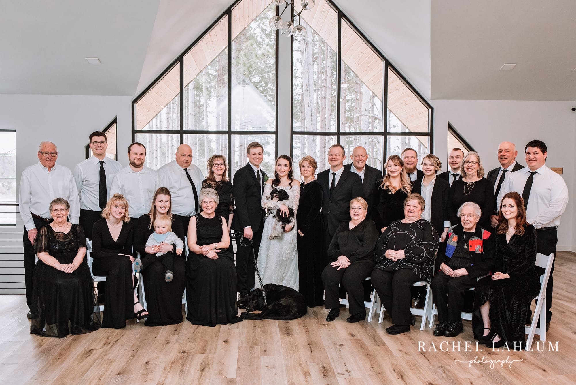 Wedding family portrait at Pinewood Weddings and Events in Cambridge, Minnesota. 