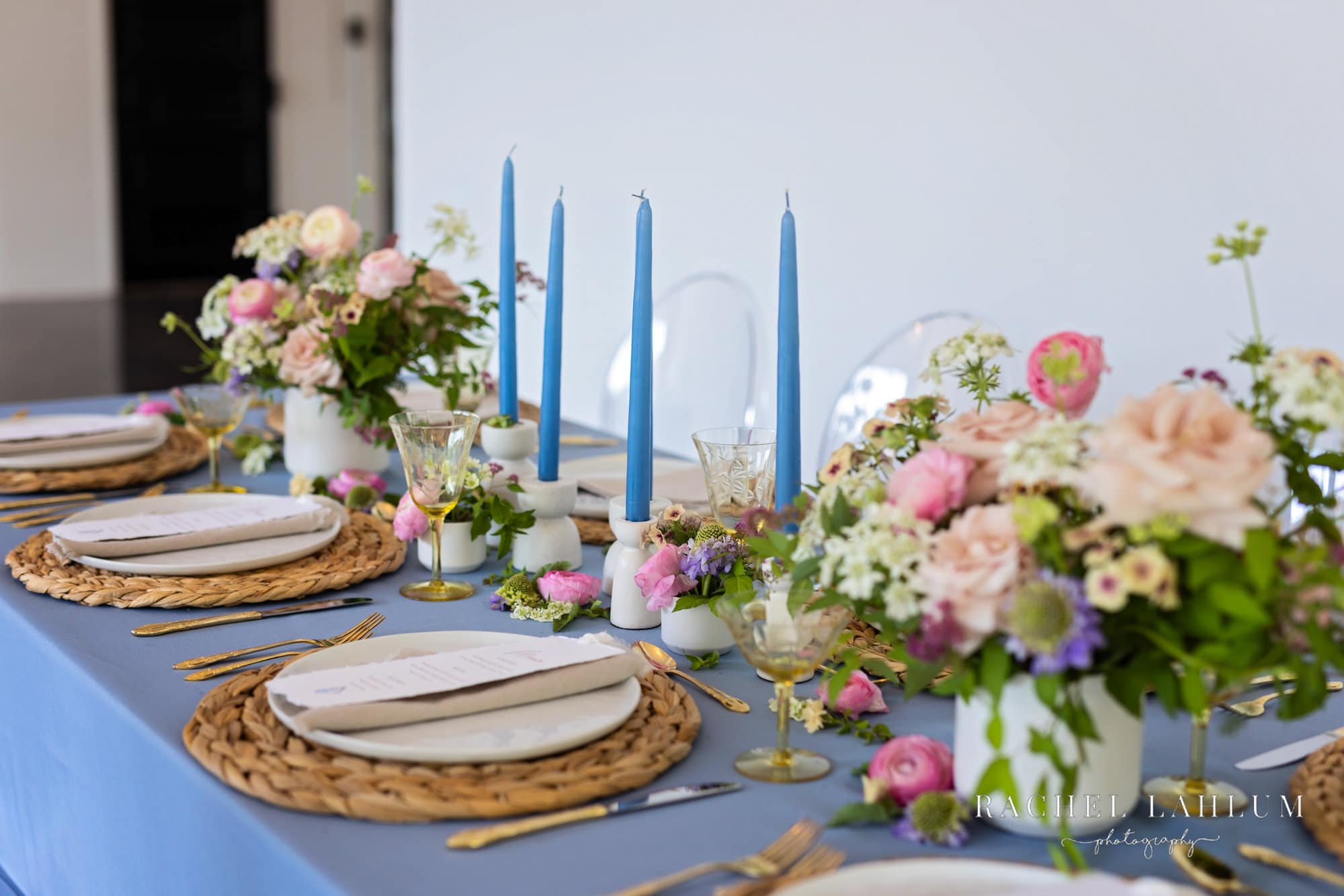 Long view of place settings created for Urban Daisy Wedding Space in Minneapolis. 
