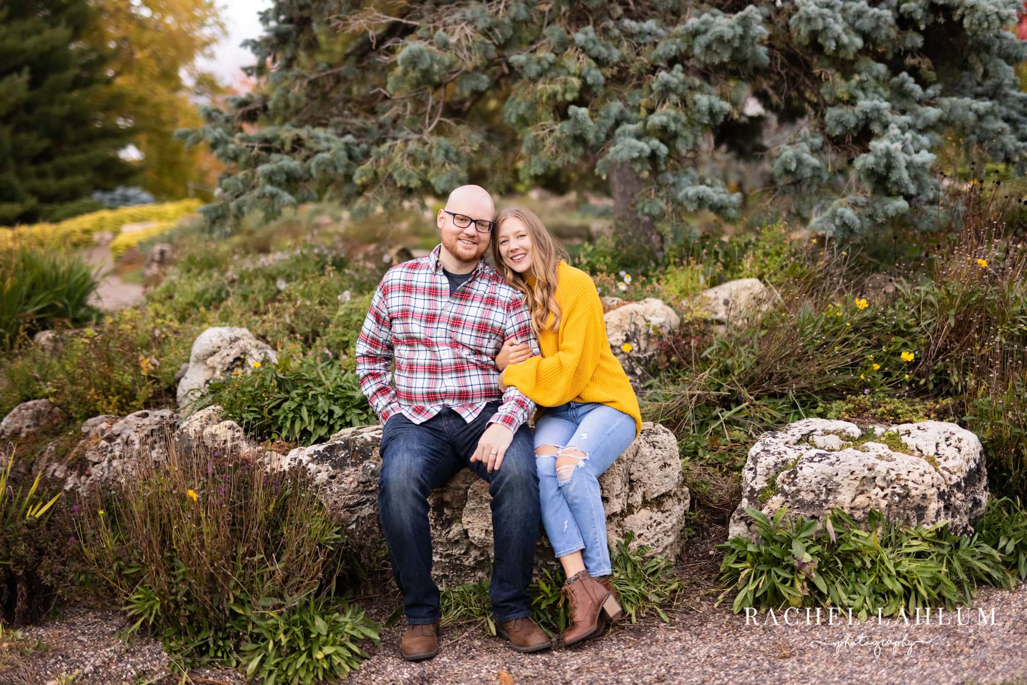 Newly engaged couple sit together on a rock in Lyndale Rose Gardens