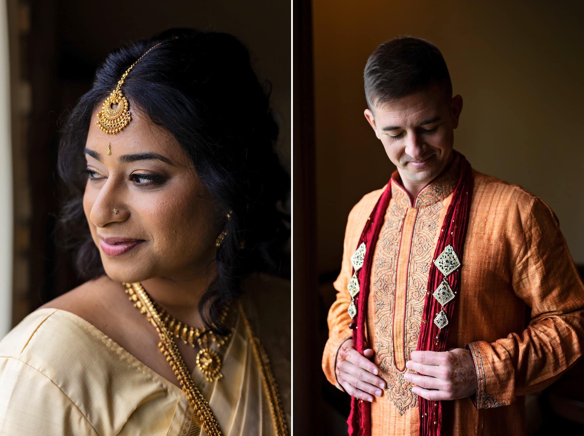 A bride and groom in traditional Indian wedding attire get ready for their ceremony at Glenn Oaks Country Club in Des Monies, Iowa.