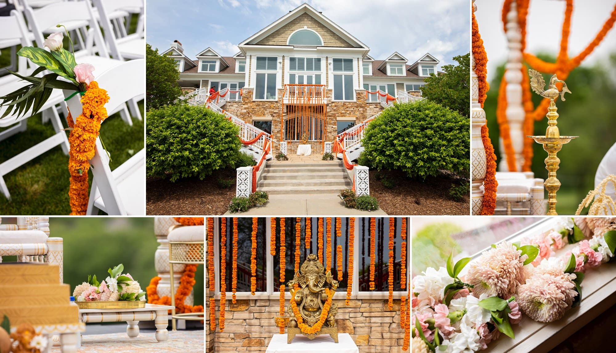 A collage of traditional Indian wedding decor at Glenn Oaks Country Club.