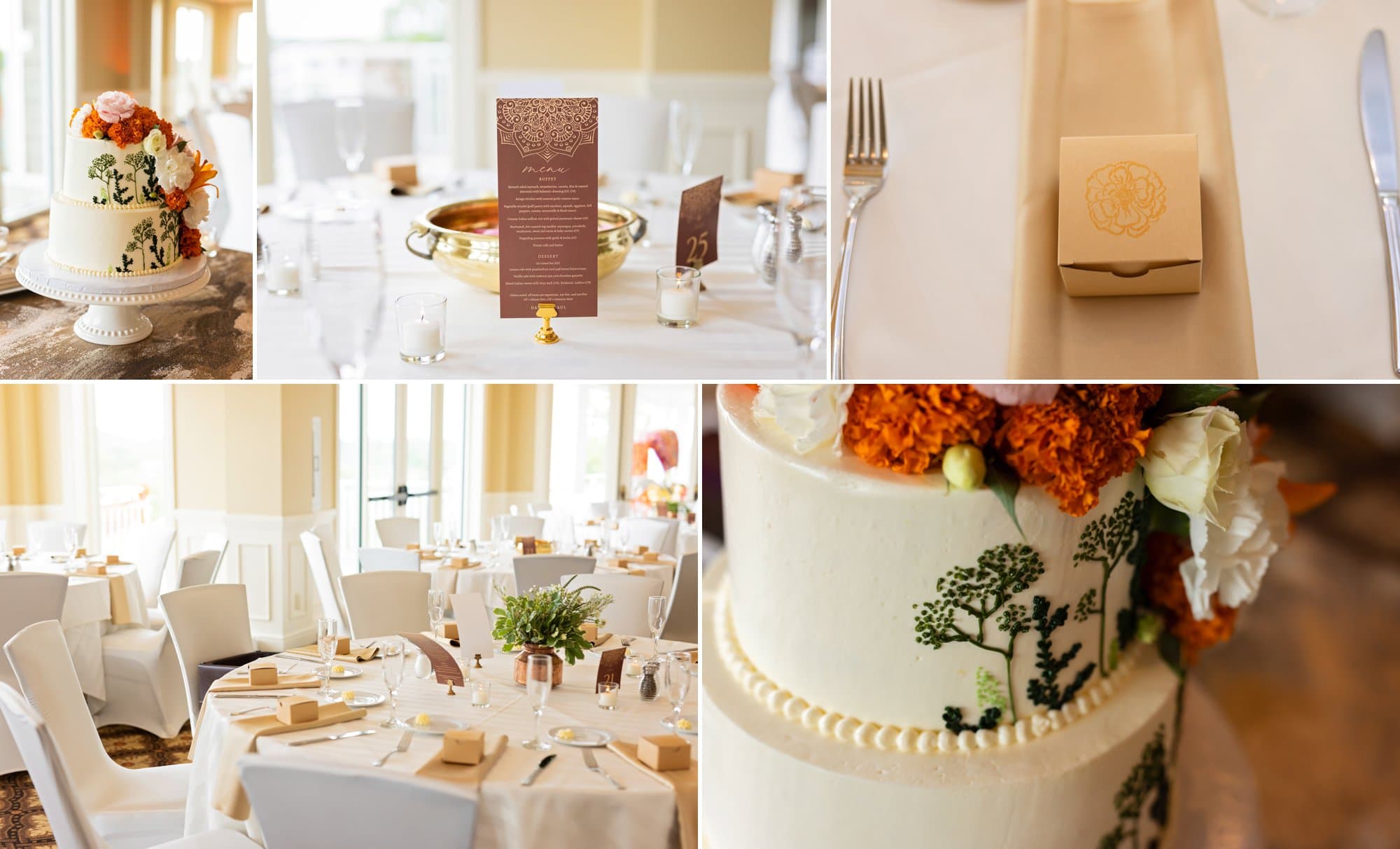 A collage of white, orange and cream wedding reception decor at Glenn Oaks Country Club in Des Monies, IA.