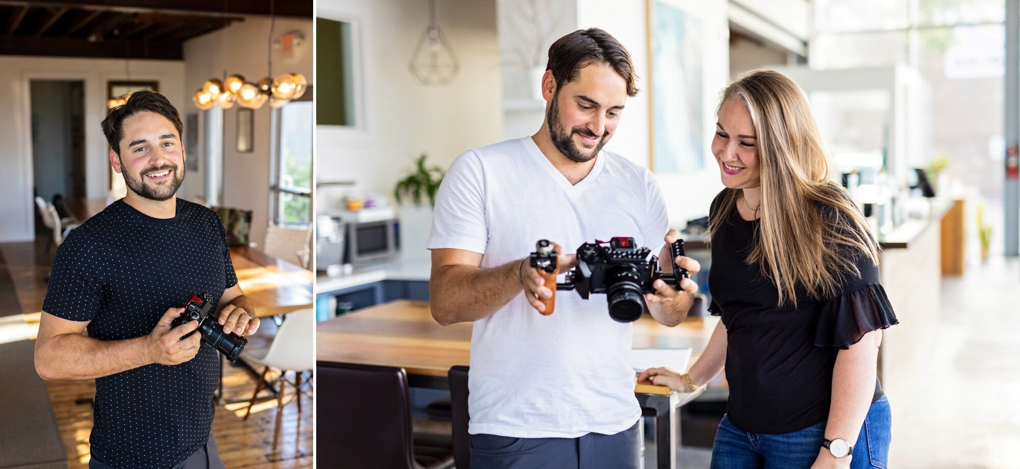 A photographer poses for his branding session photos, standing with his camera for a portrait and showing a client some footage in two side by side images.