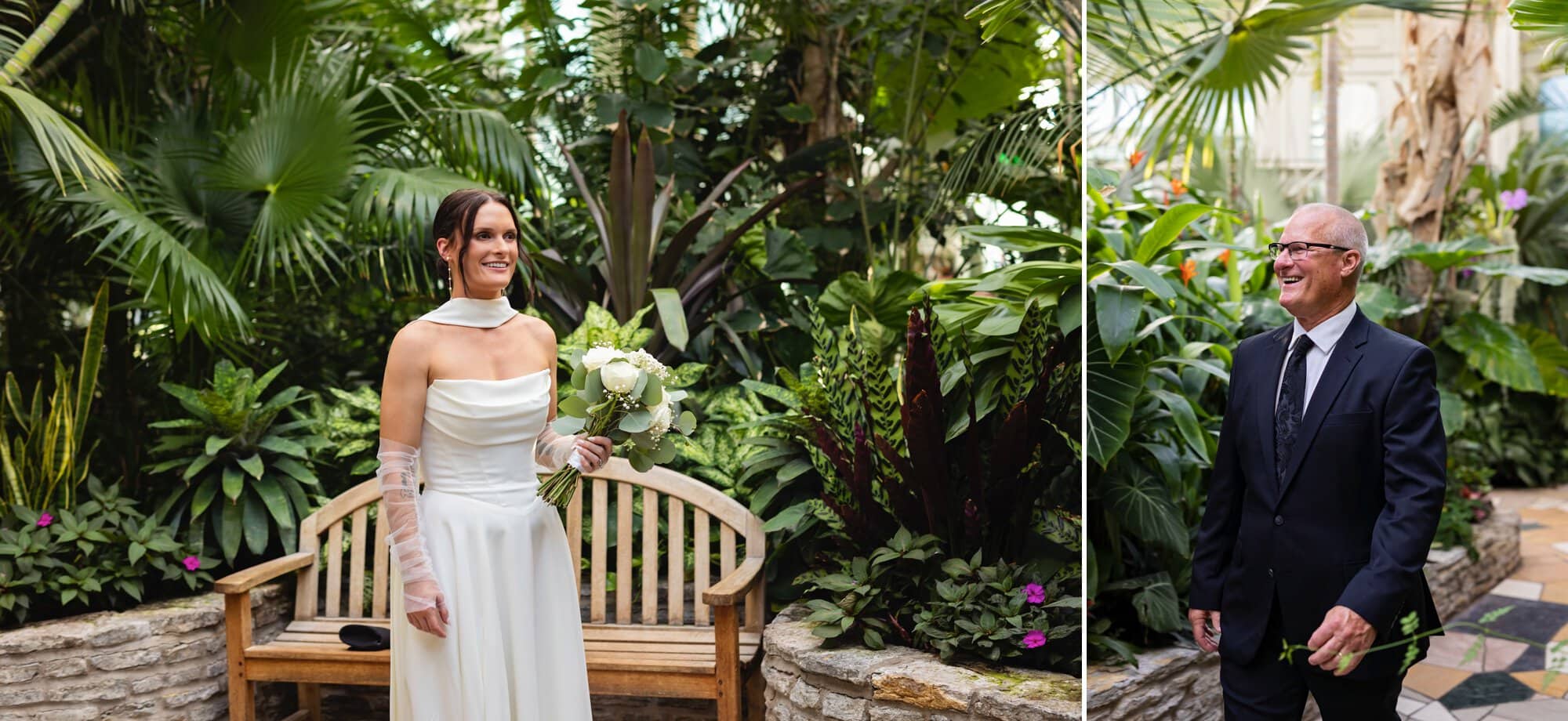 A bride and her dad share a candid first look wedding photography moment at the Palm Dome at Como Zoo and Conservatory moments before they walk down the aisle.