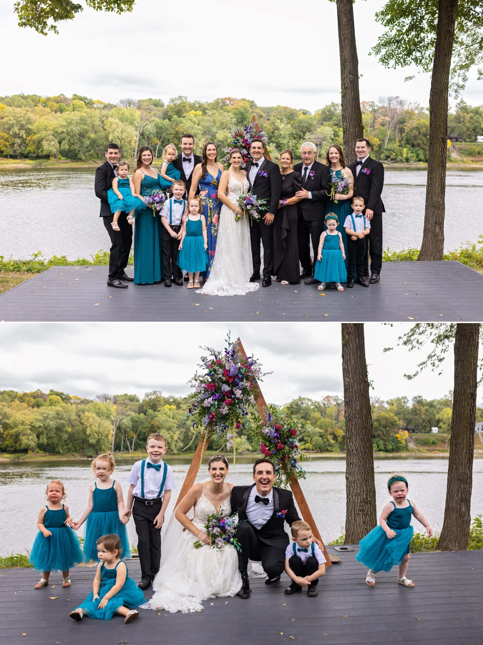 Family photos with the bride and groom in front of the Mississippi riverfront in the Leopold's Mississippi Gardens, NE Minneapolis