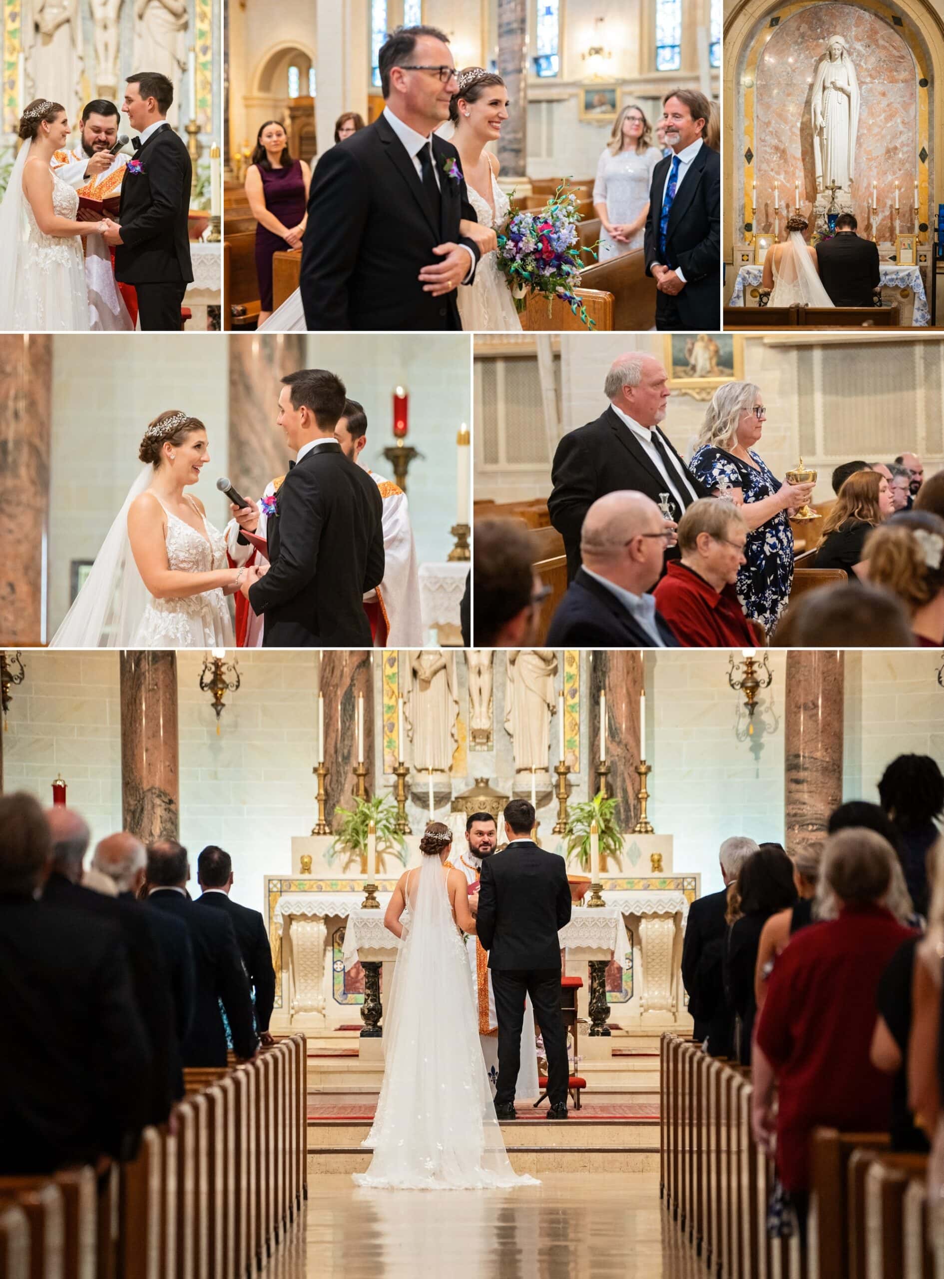 A stunning view of the bride and groom in front of the officiating Catholic priest and altar from the back of the sanctuary at the Holy Cross Catholic Church in NE Minneapolis