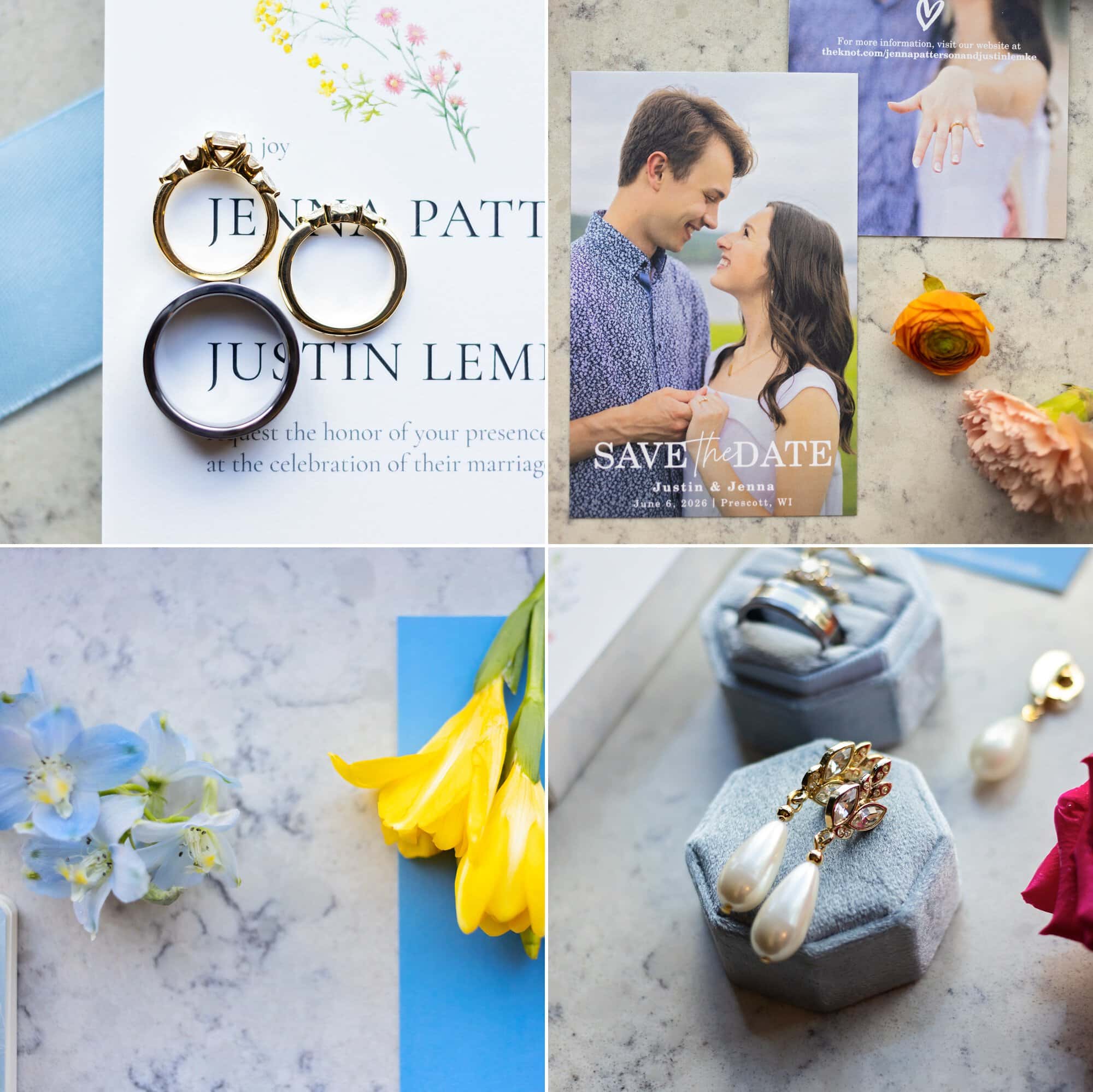 Flat layout of Jenna and Justin's wedding and engagement rings along with save the date momentos, flowers, and pearl earrings at Ridgetop Events in Prescott, Wisconsin.