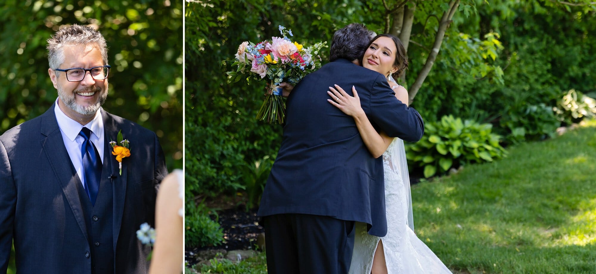 Bride and father of the bride share a private first look outdoors and embrace.