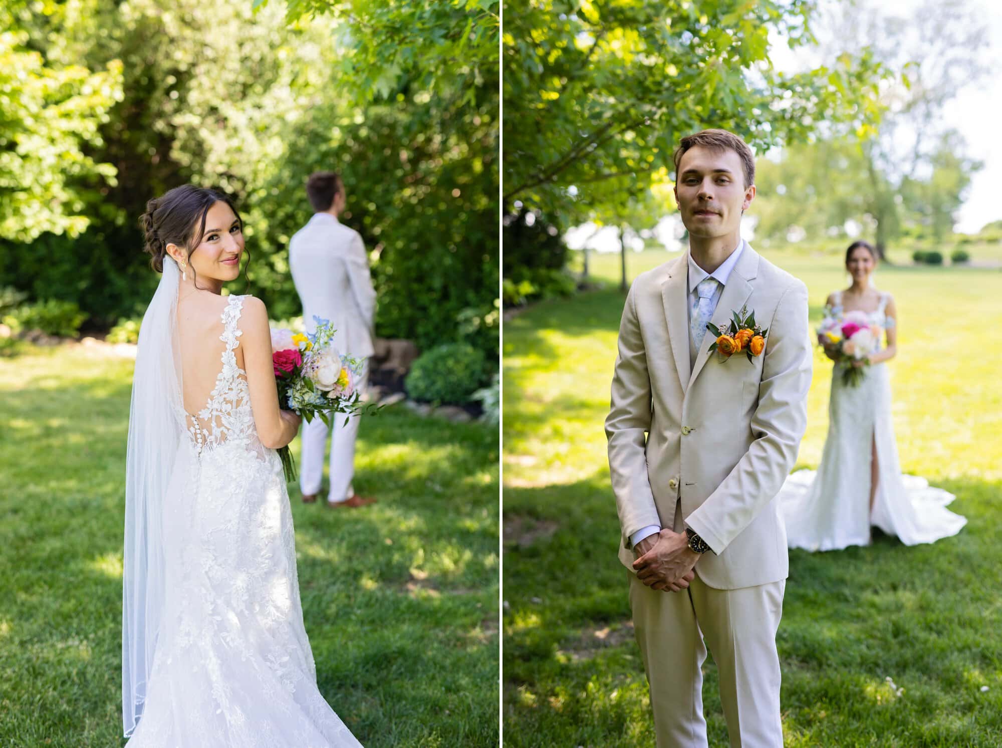 Separate photos of bride and then groom in the foregound with the fiancee out of focus behind them.