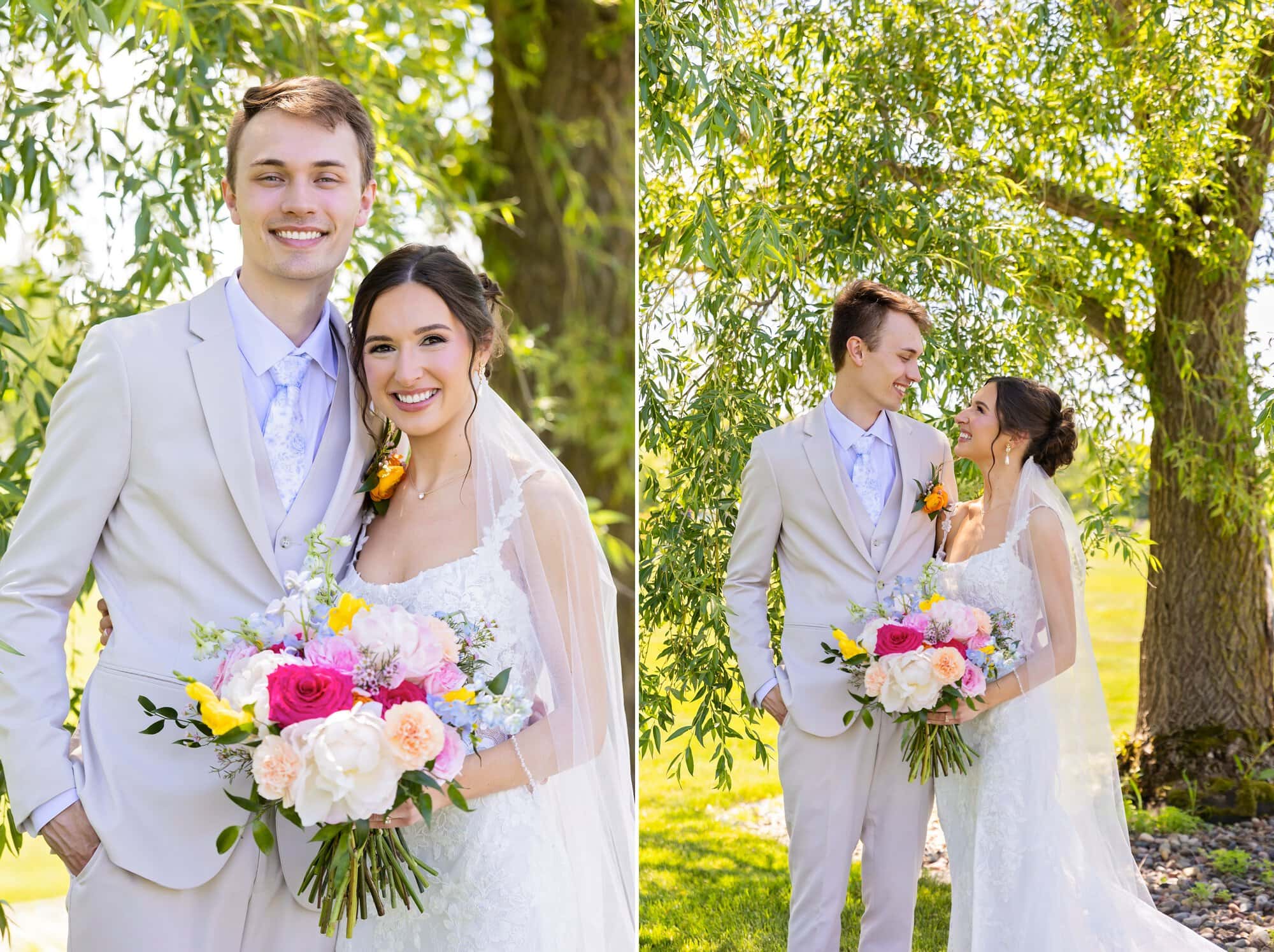 Bride and groom, smiling couple photos outside at Ridgetop Events.