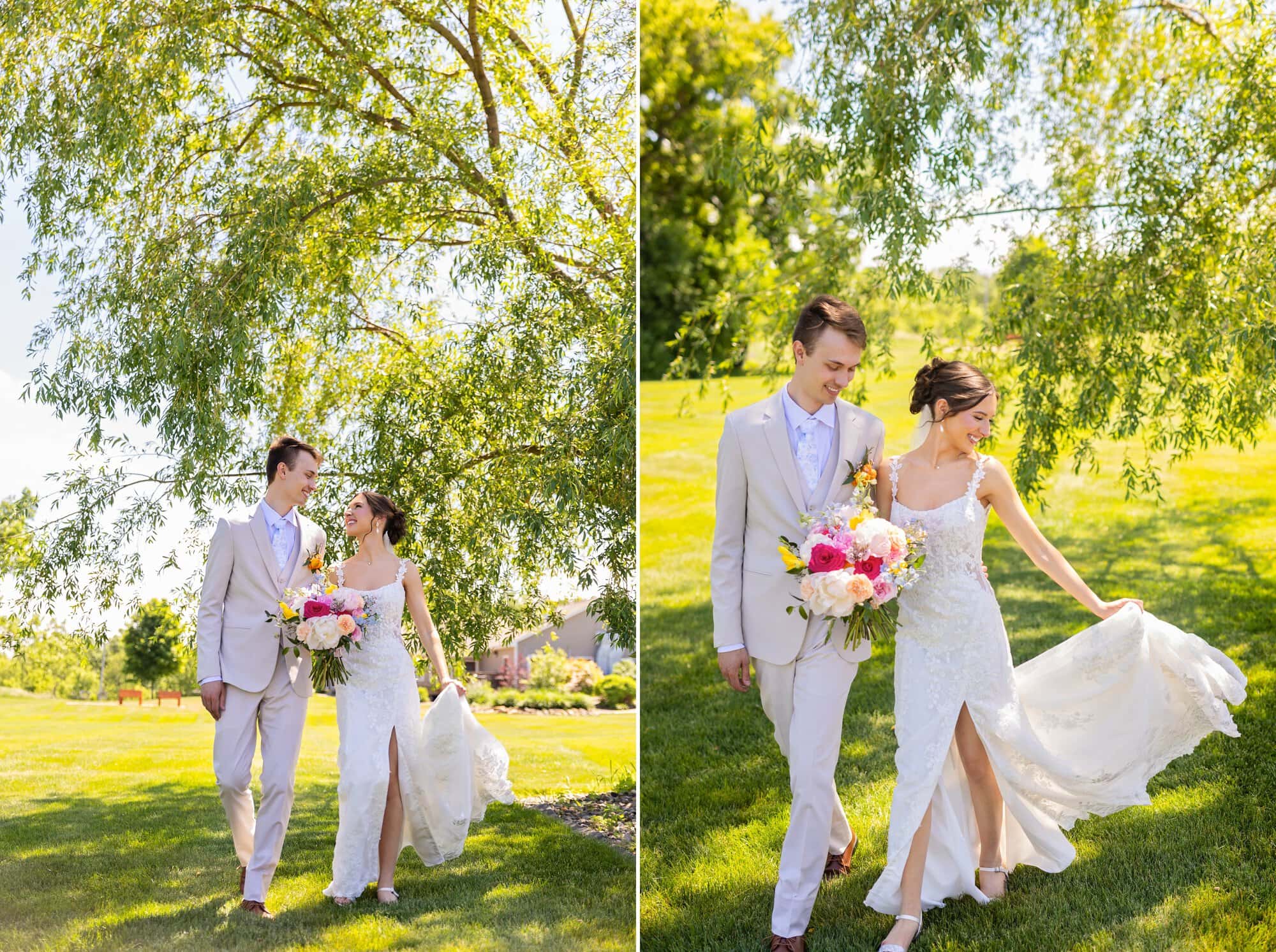 Bride and groom, smiling couple photos outside at Ridgetop Events with movement and walking.