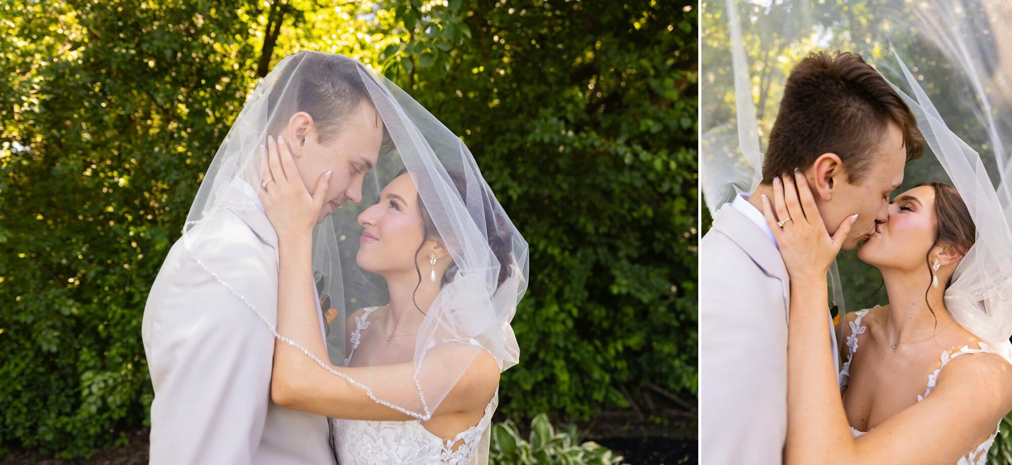 Veil portaits including couple kissing under the bridal veil with veil in motion.