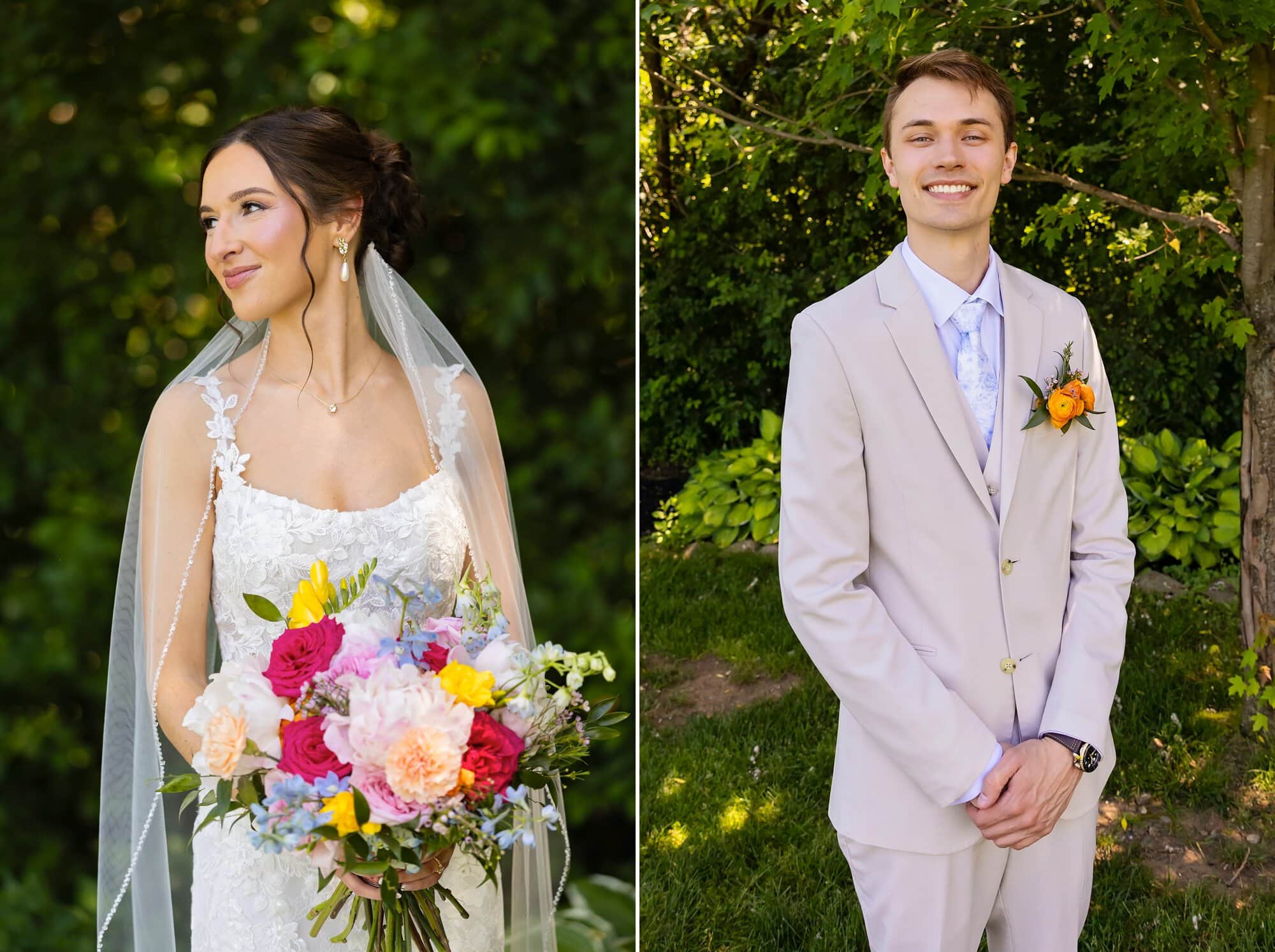 Single portraits of bride and groom in wedding attire. Bride with wedding bouquet, pearl earrings and a long veil looks delicately off to the side.
