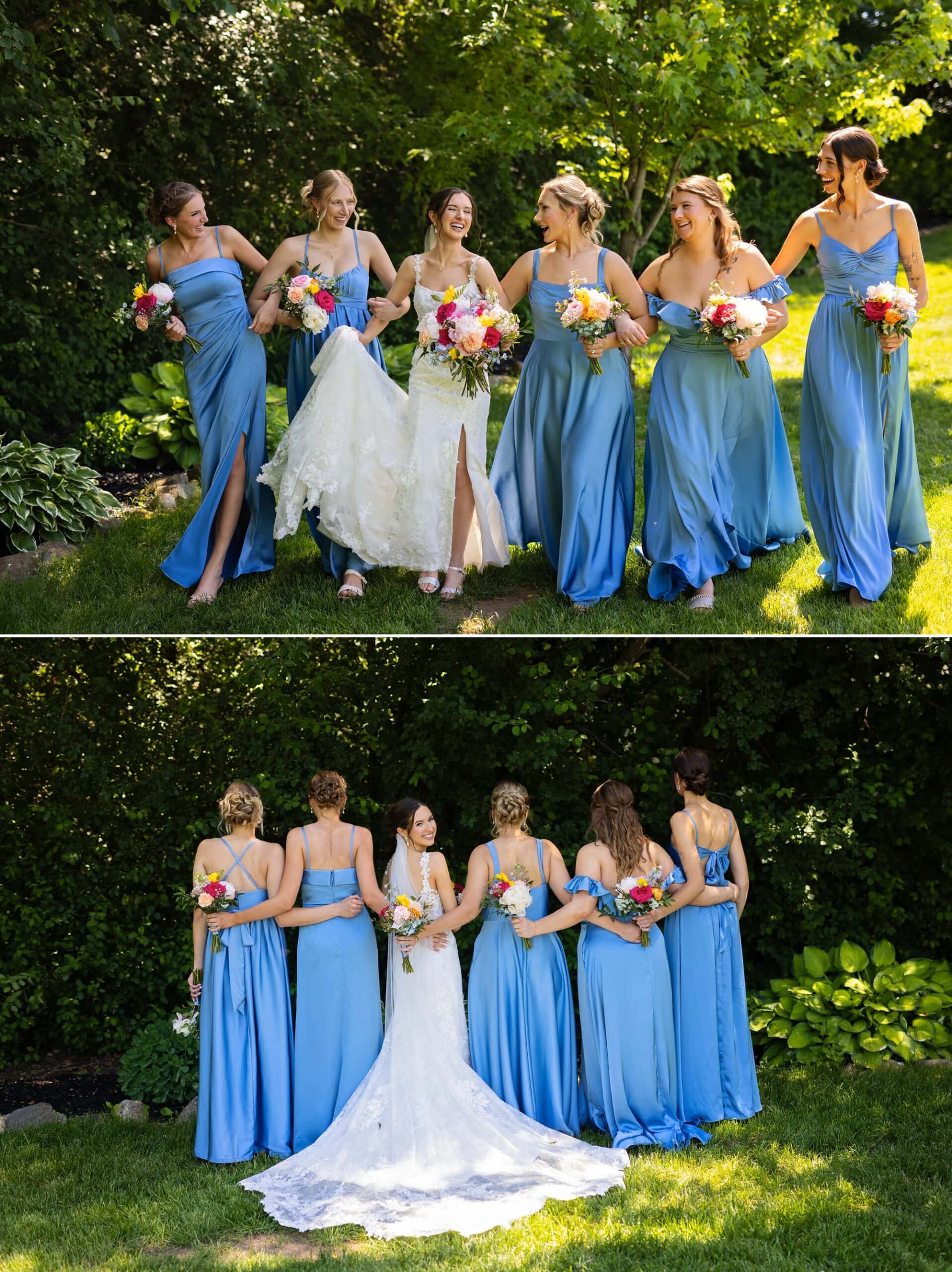 Bridesmaids group photo with the bride. All are laughing and smiling while holding their bouquets walking towards the camera for wedding photos at Ridgetop Events in Prescott, WI.