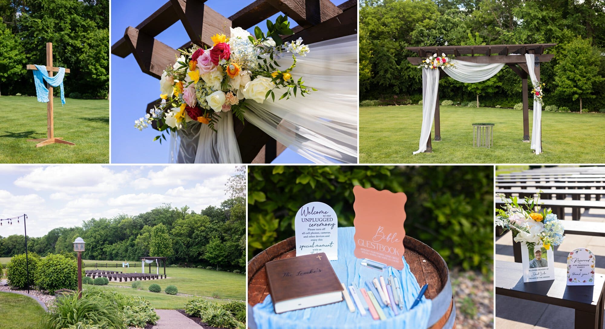 Outdoor decorations on a wooden pergola and wooden cross at the Ridgetop Events. Bible guestbook and highlighters to create memories and framed photos to remember ones lost and inspirational married people.