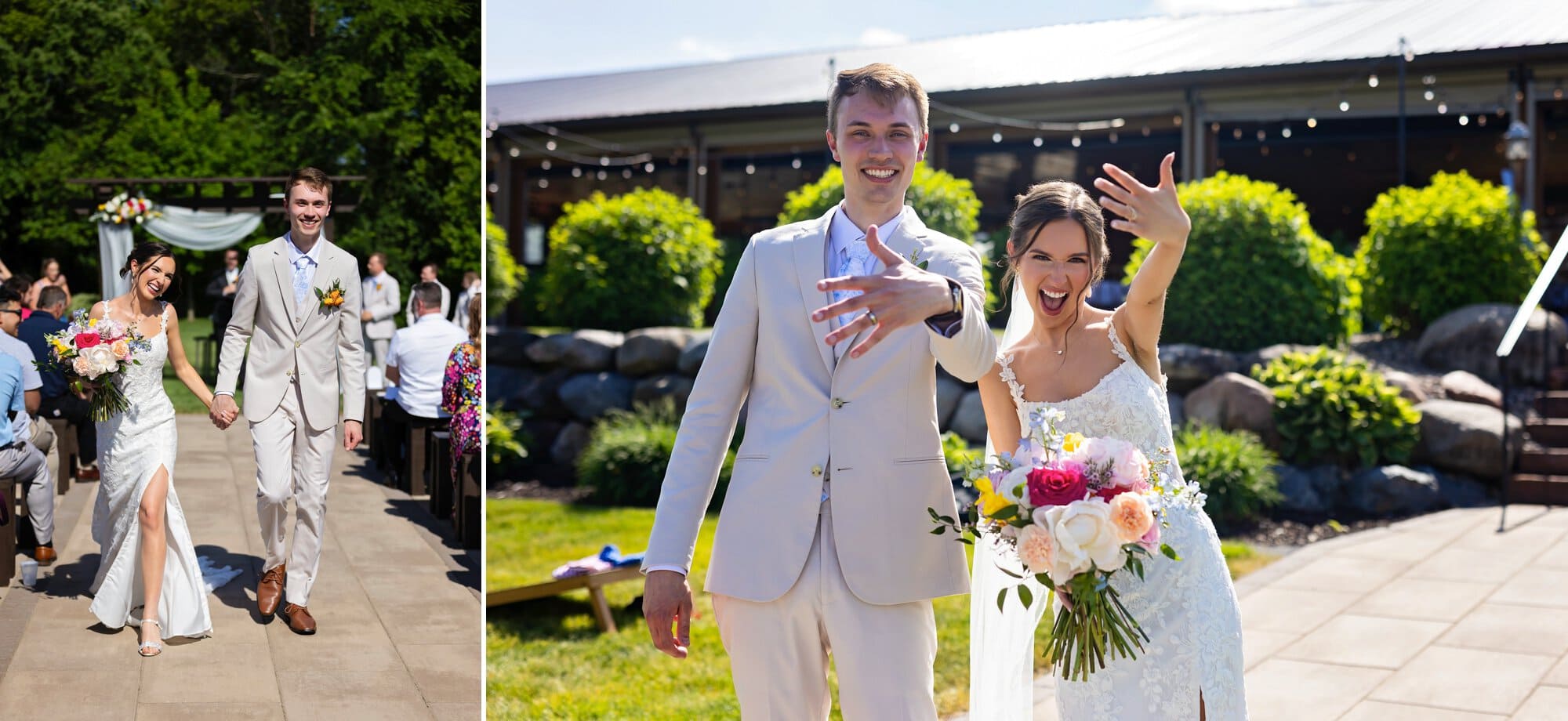 Newlyweds stroll down the aisle hand-in-hand and display their wedding rings at Ridgetop Events.
