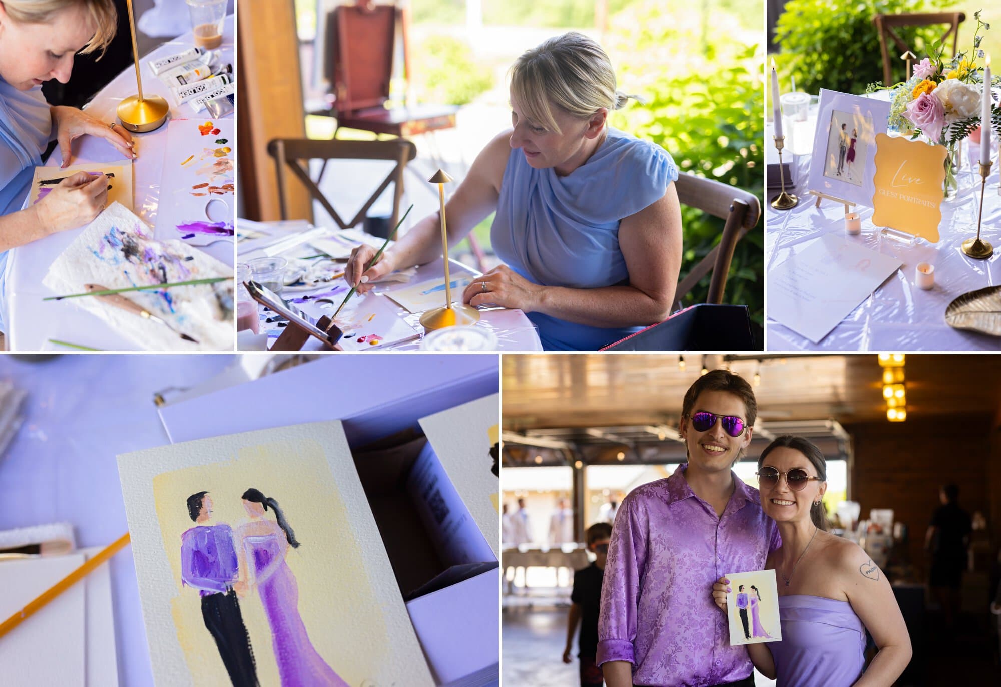 Live wedding painter Leanne Larson, owner of Paint My Wedding Day, paints photos of guests at a wedding in Prescott, WI.