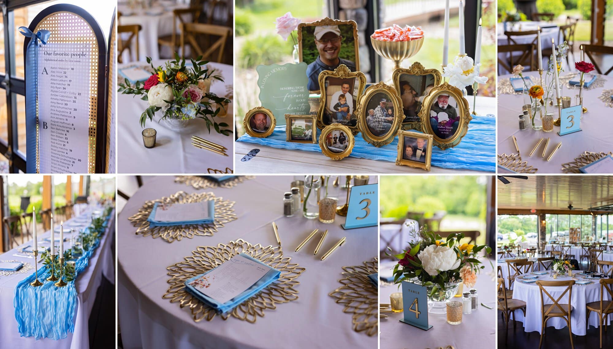 Light blue and gold table decoration colors for a wedding reception at Ridgetop Events in Prescott, WI.

