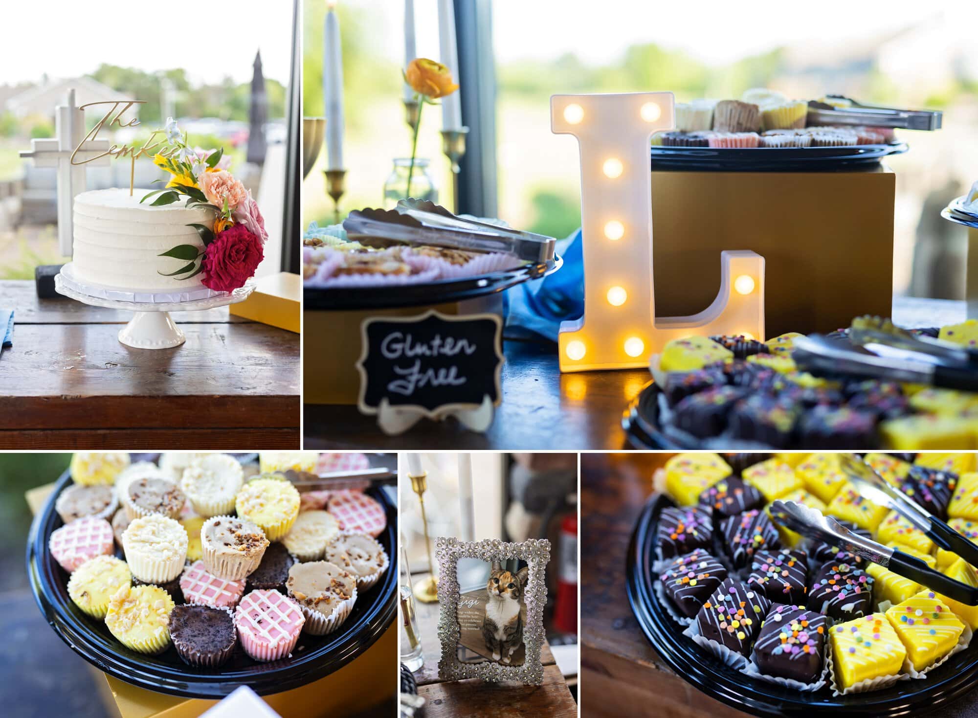 Bright yellow and chocolate cake desserts with sprinkles alongside other desserts and a glittery, framed cat at the reception.