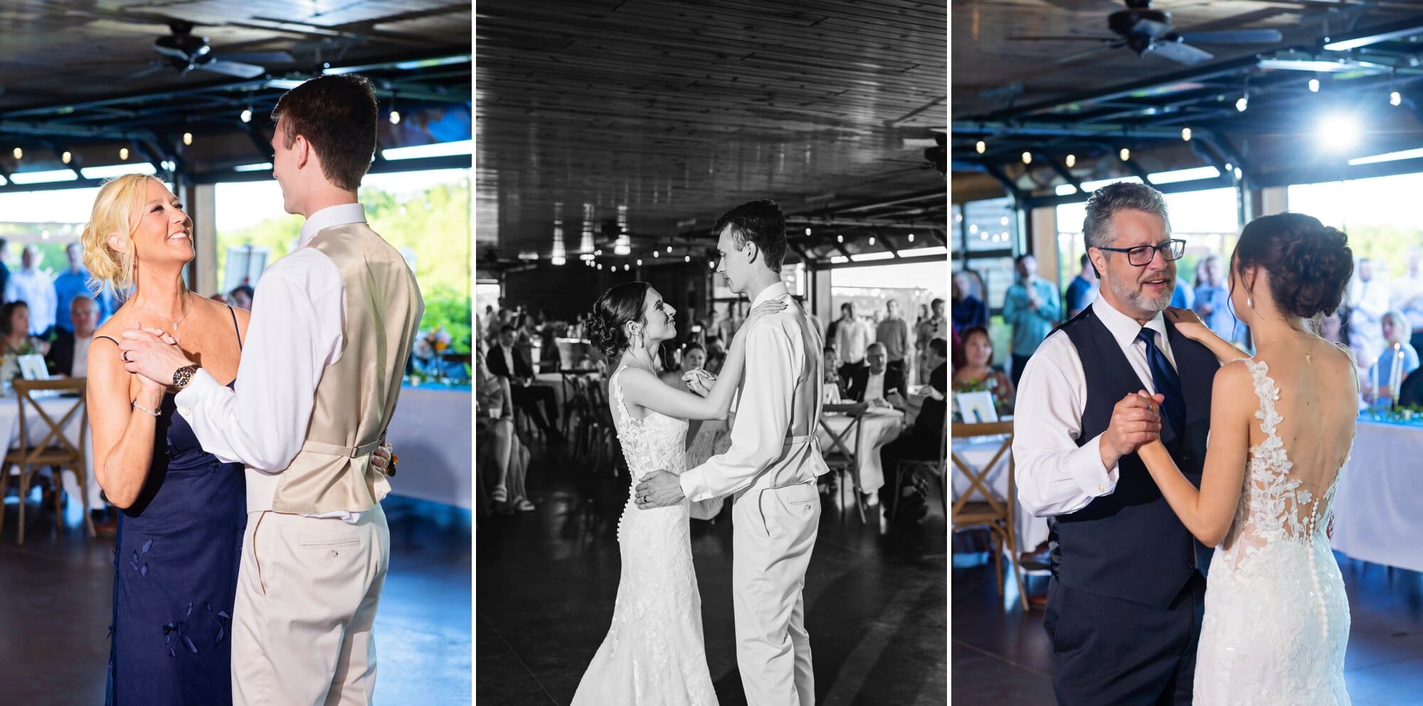 Newlyweds, bride and groom, on the dance floor, dancing with their parents under the lights of the reception hall.