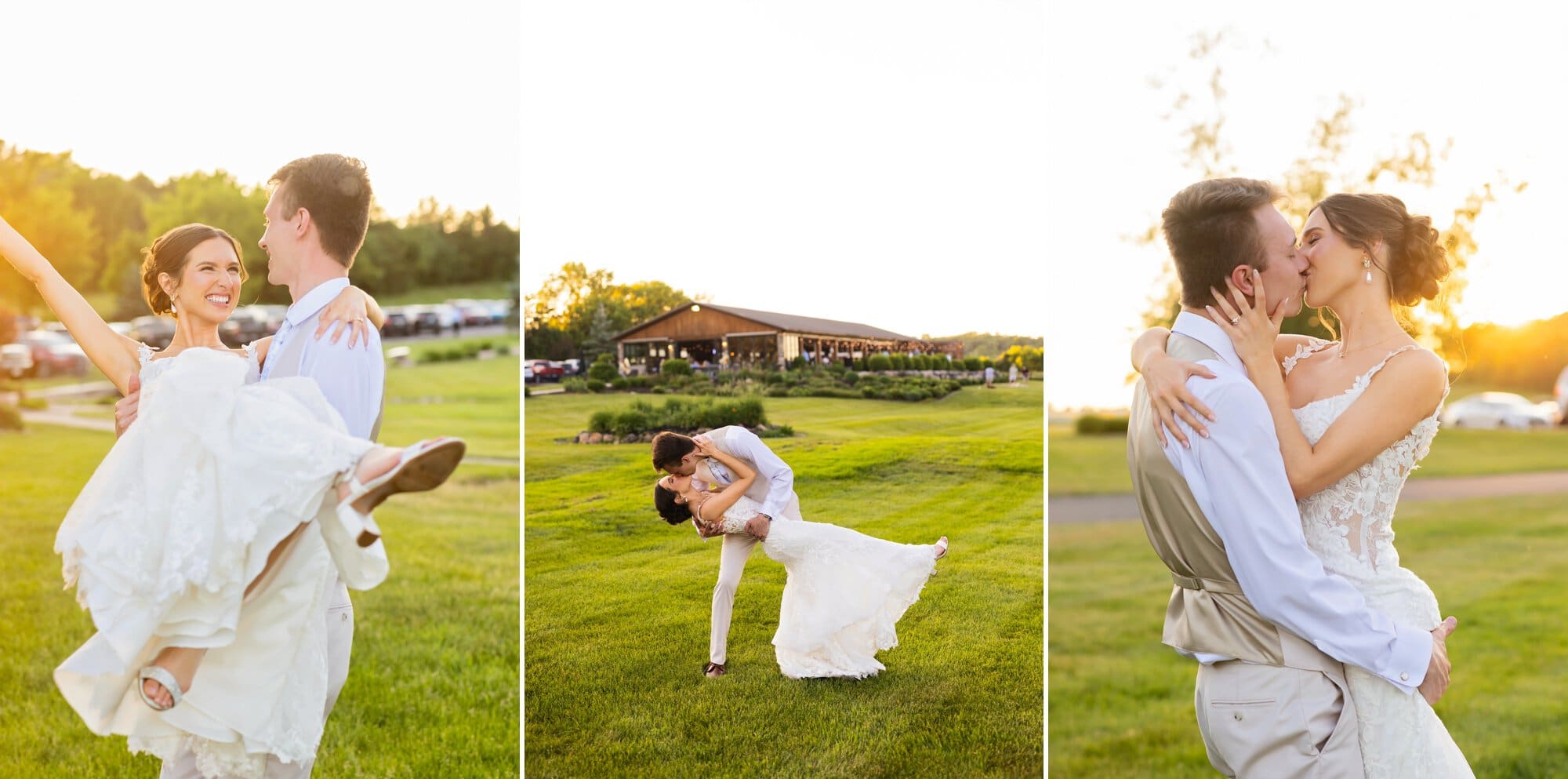Golden-hour wedding portraits at Ridgetop Events in Prescott, Wisconsin, featuring the bride and groom embracing, dipping, and sharing a kiss at sunset.