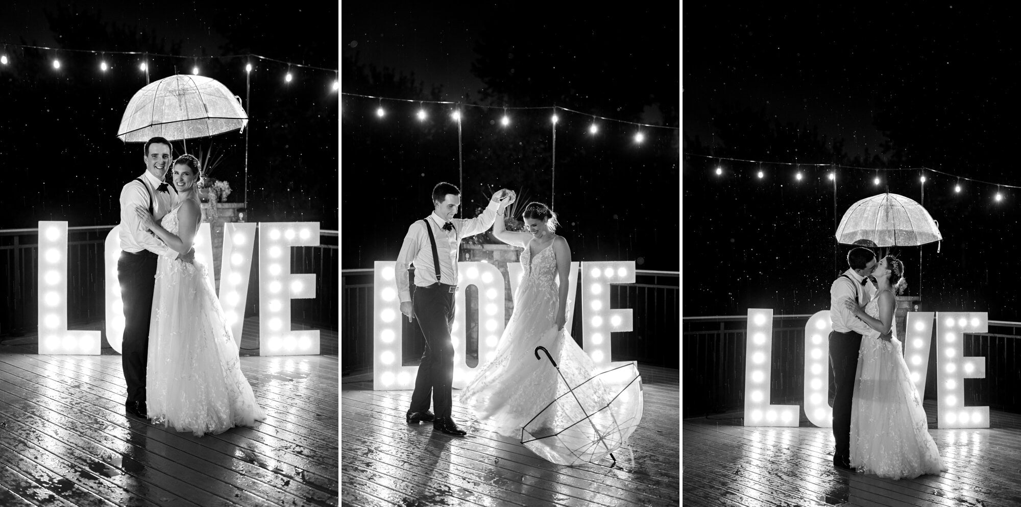 Black and white wedding portraits recreating the Singing in the Rain scene where the couple danced and kissed in front of a retro lit up "Love" sign