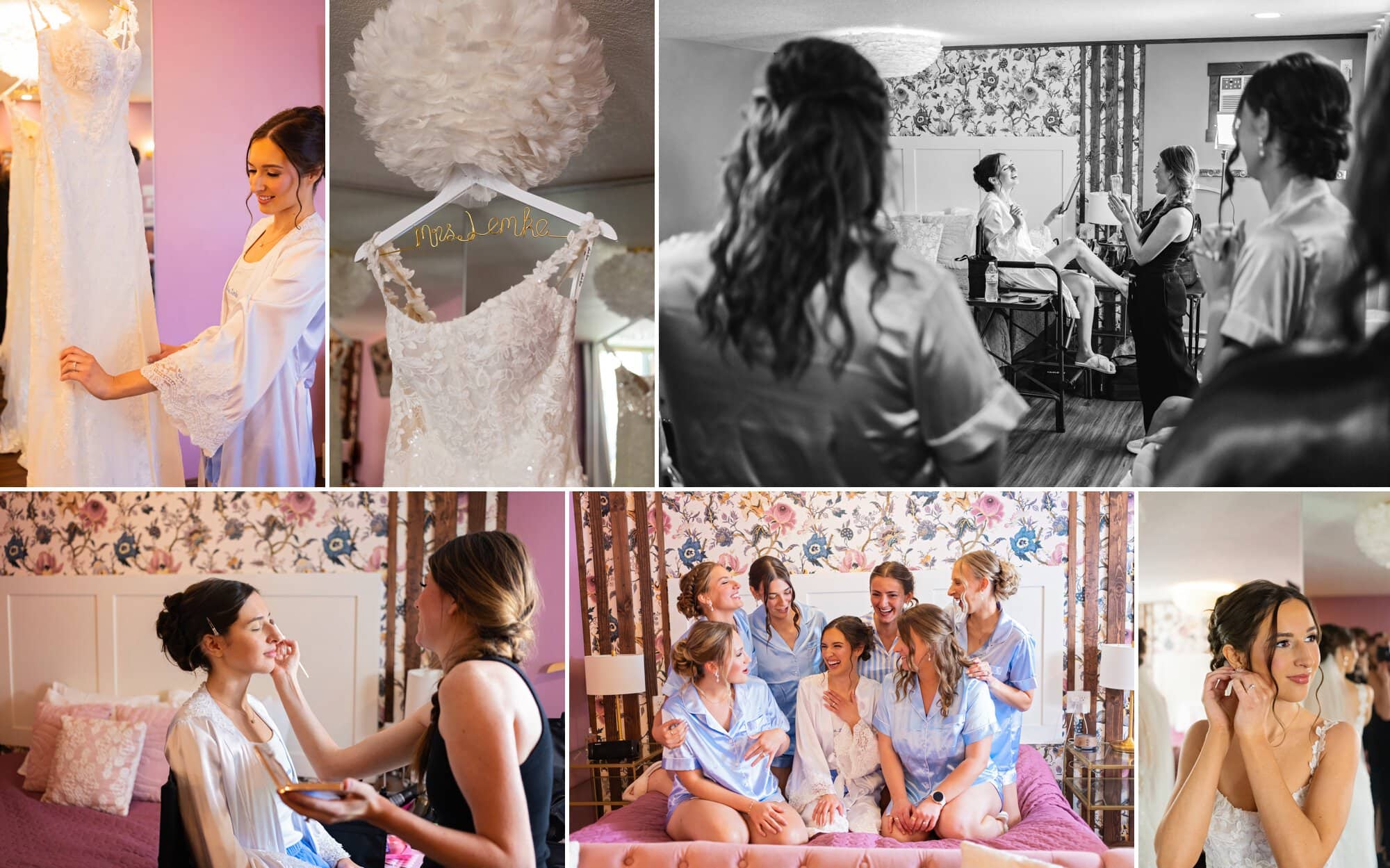Bride getting ready with her bridesmaids at The Cove BnB in Prescott, Wisconsin, including wedding dress details, hair and makeup, bridal portraits, and candid moments before the ceremony.