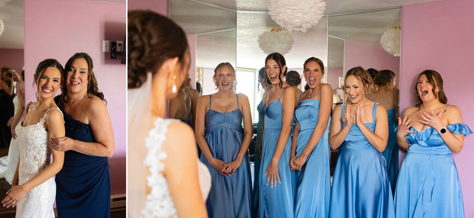 Bride reveals her wedding dress to her mother and bridesmaids during getting-ready preparations at The Cove BnB in Prescott, Wisconsin.