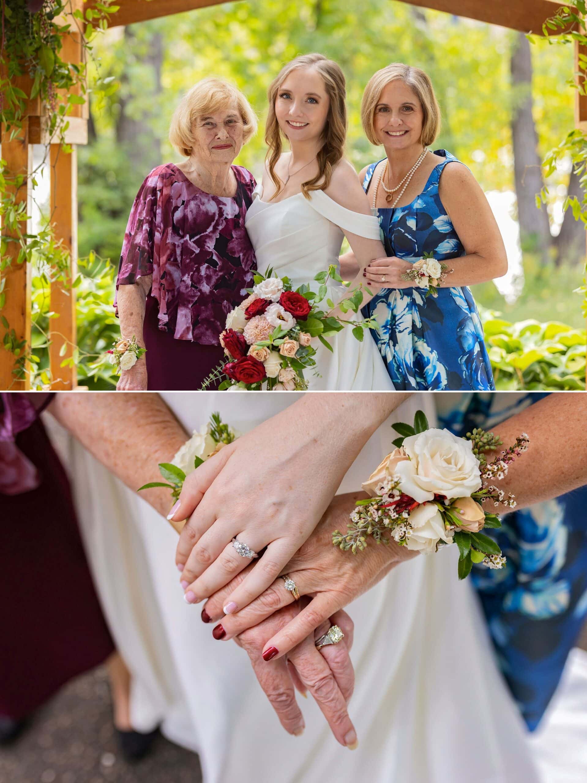 Two older generations of women stand together with the bride on her wedding day at Nicollet Island Pavilion in Minneapolis Minneosta