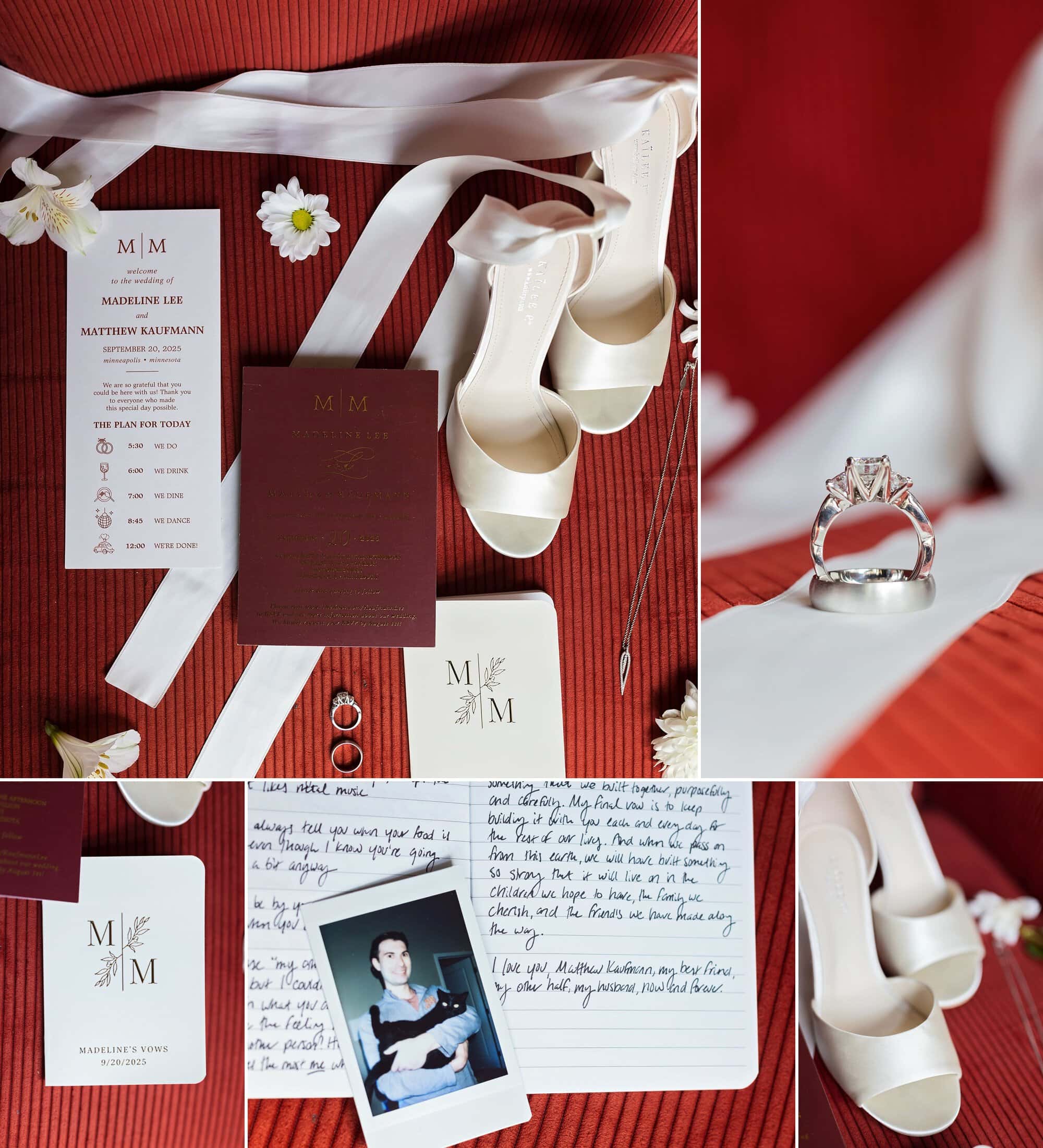 A collage of details photos from a bride and groom's wedding day photography, including an invitation, vow books, rings, the bride's shoes, jewelry, and florals.
