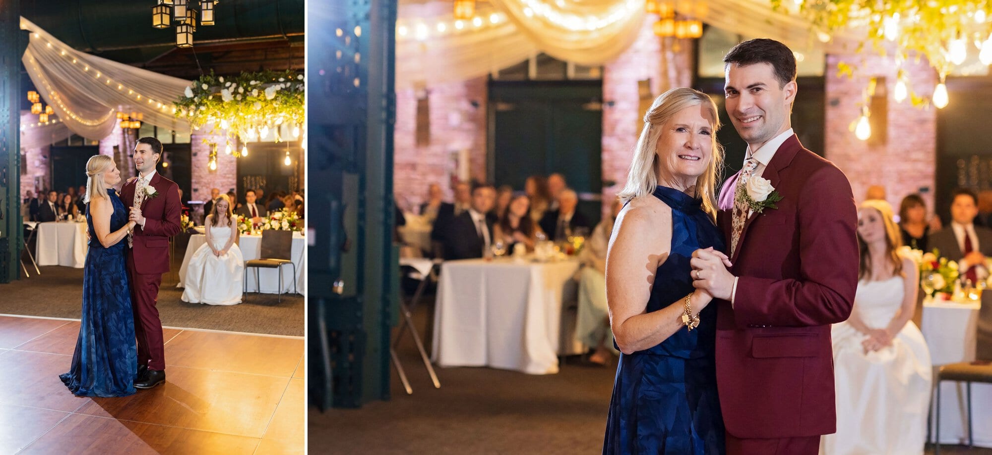 Groom and mother-of-the-groom share a dance at the reception for a wedding at Nicollet Island Pavilion in Minneapolis Minnesota