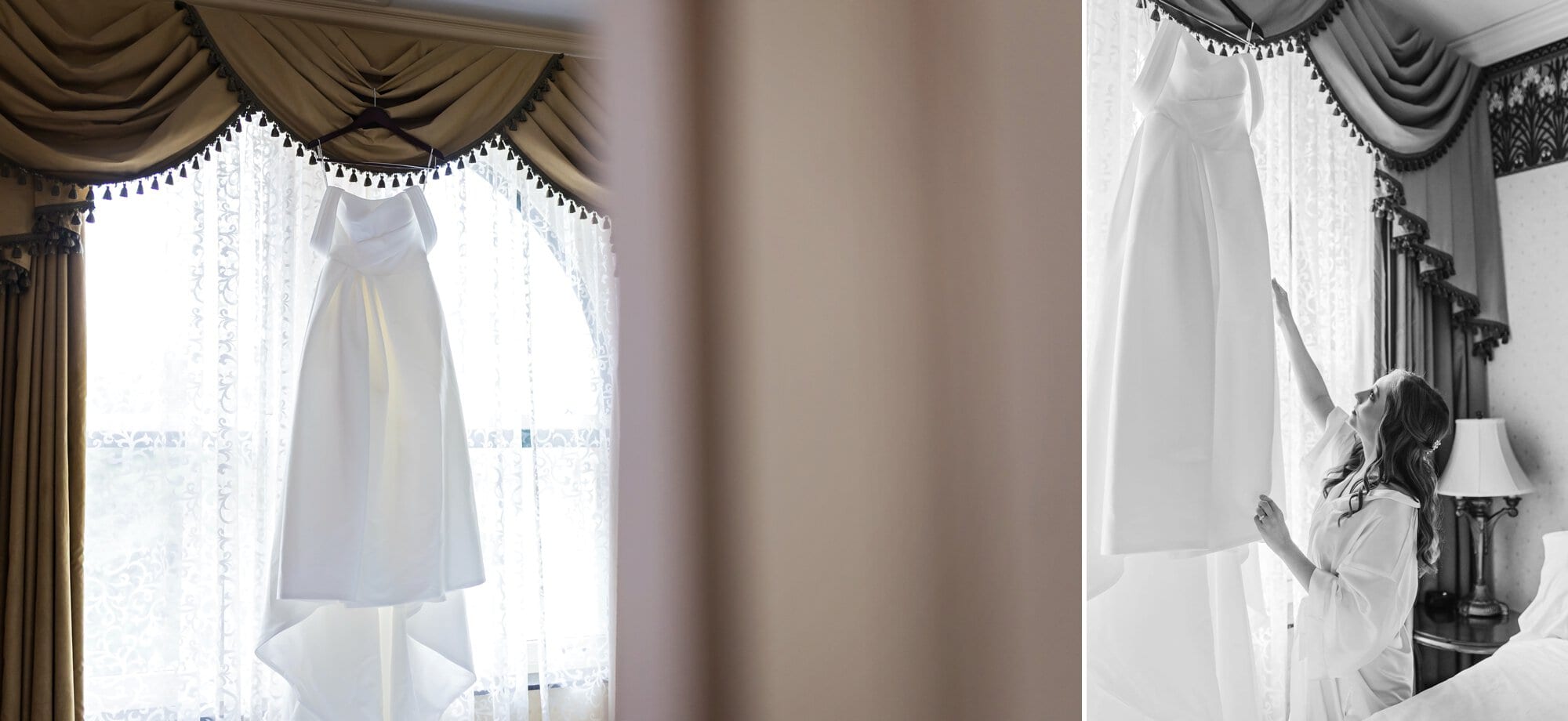 Bride admires her dress for her wedding photography while getting ready at the Renaissance Depot Hotel in Minneapolis, MN.