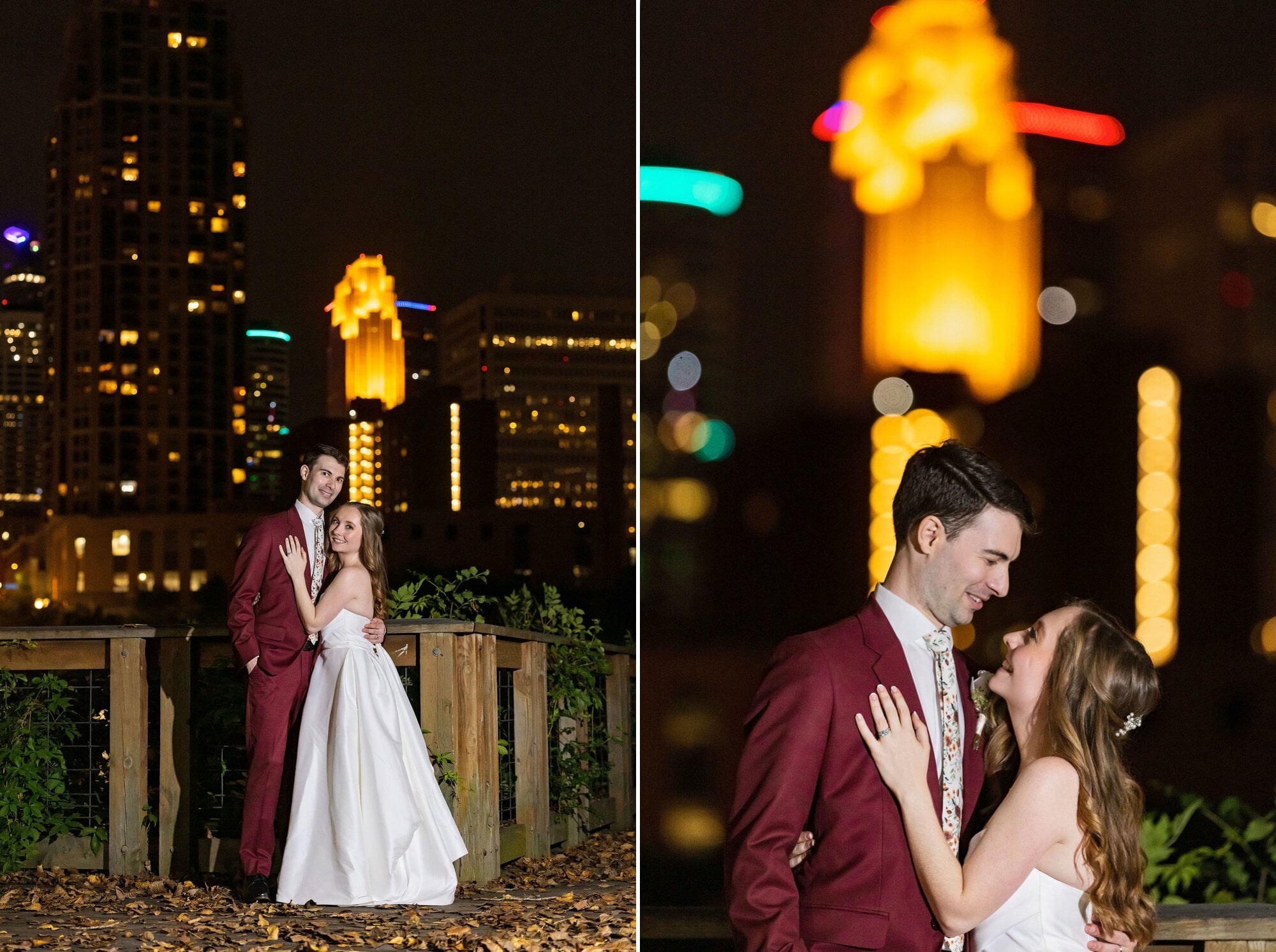 Bride and groom pose for sunset portraits before a night time skyline in Minneapolis MN