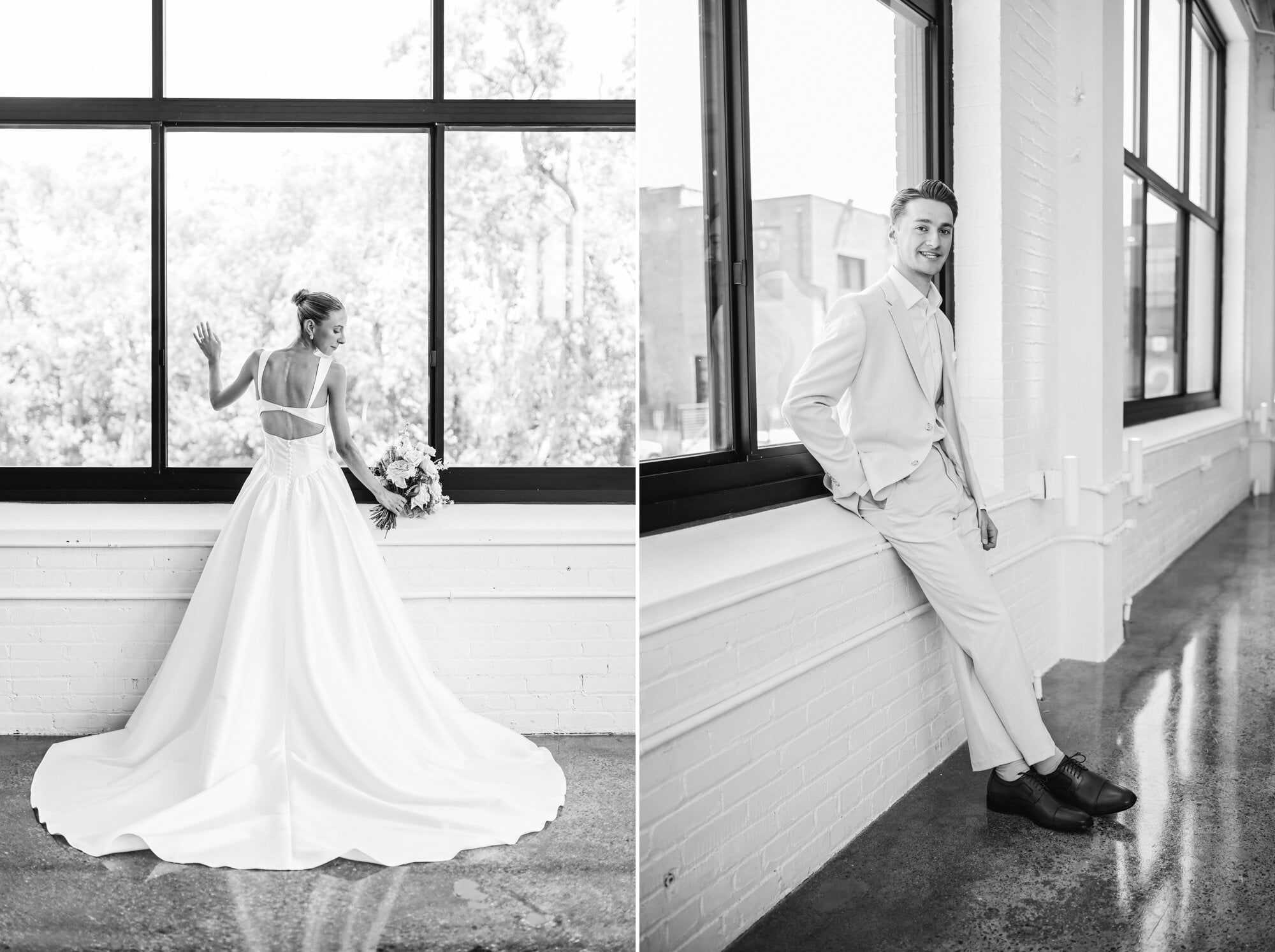 A bride and groom each pose for a luxe wedding photography portrait at their wedding in Urban Daisy, in Minneapolis, MN.