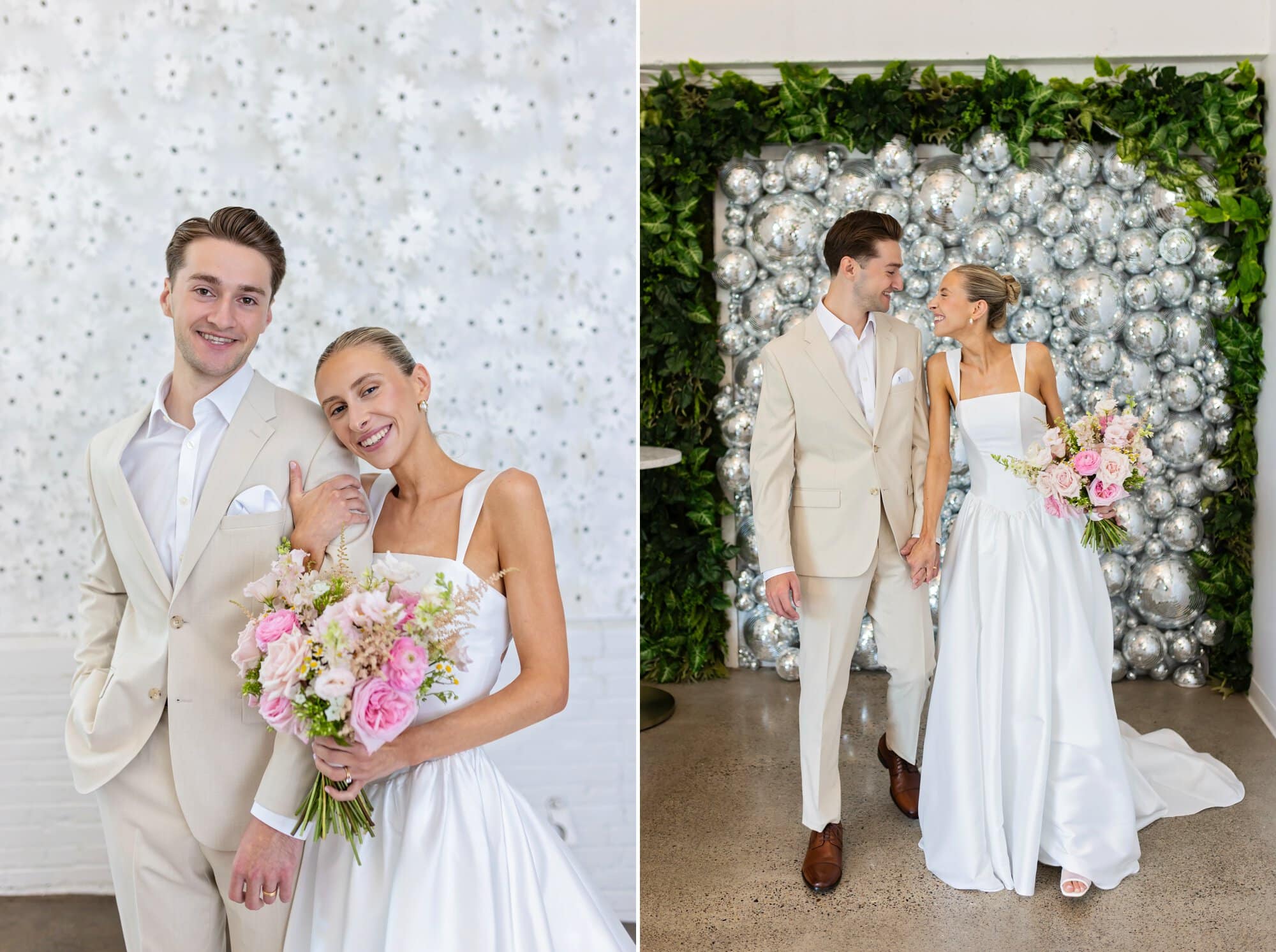 A bride and groom pose for couples wedding portraits at Urban Daisy in Minneapolis, MN. The left image they are posed in front of the flower wall. The right image they are walking hand in hand in front of the disco ball wall.