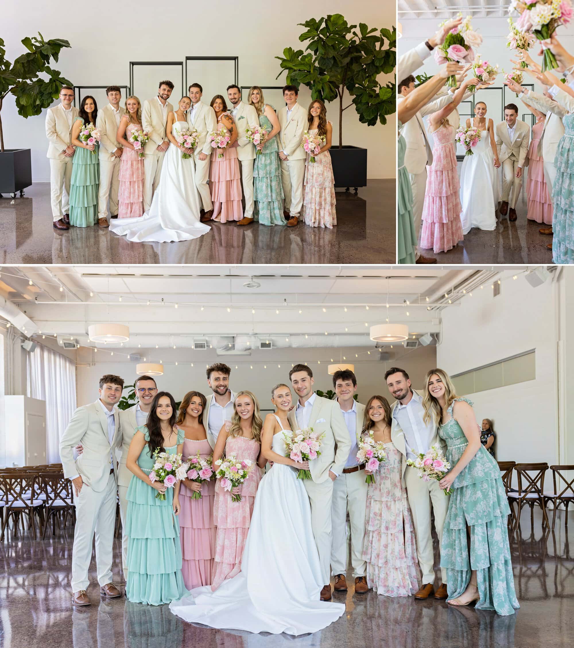 The wedding party, dressed in tan suits and floral pink and green dresses, gathers together for pre-ceremony photos at the Urban Daisy in Minneapolis, Minnesota