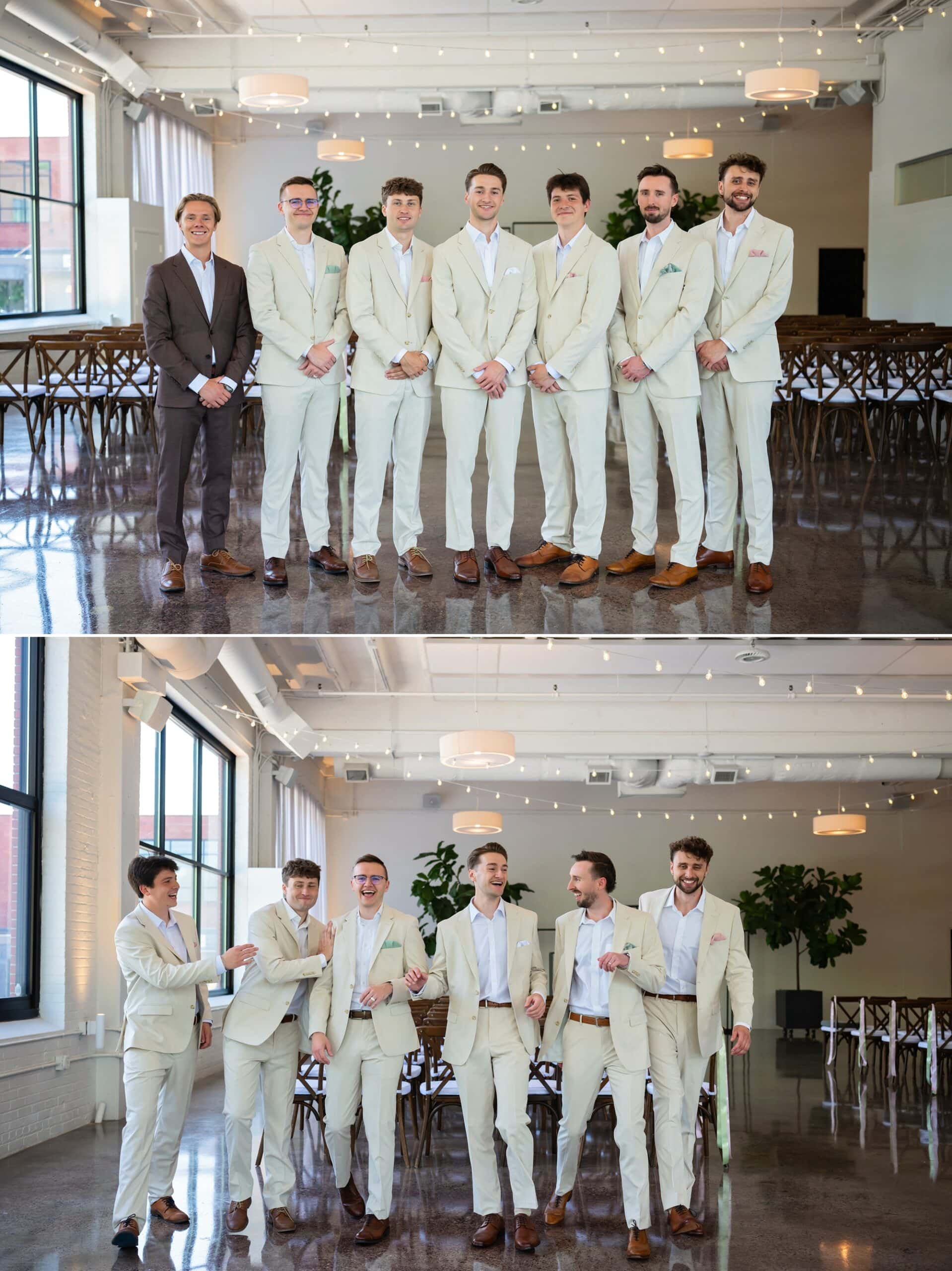 The groom and his groomsmen stand with their hands clasped in front of them for relaxed pre-ceremony wedding photos at the Urban Daisy in Minneapolis, Minnesota