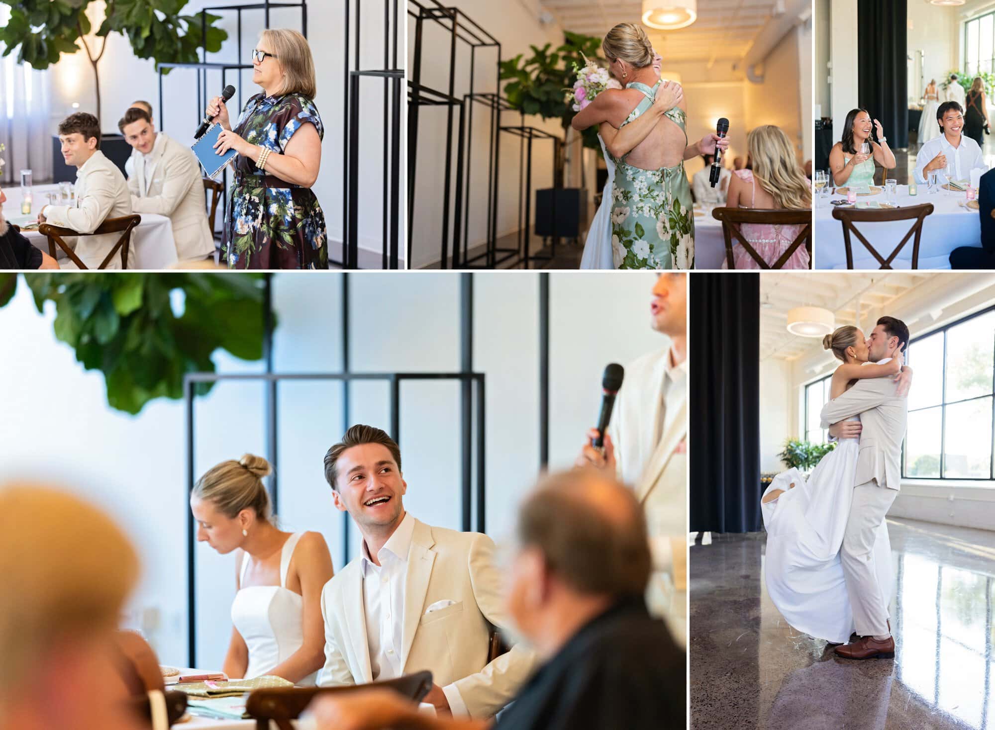 Toasts, laughter and a kiss at the reception of a relaxed Urban Daisy wedding in Minneapolis, Minnesota