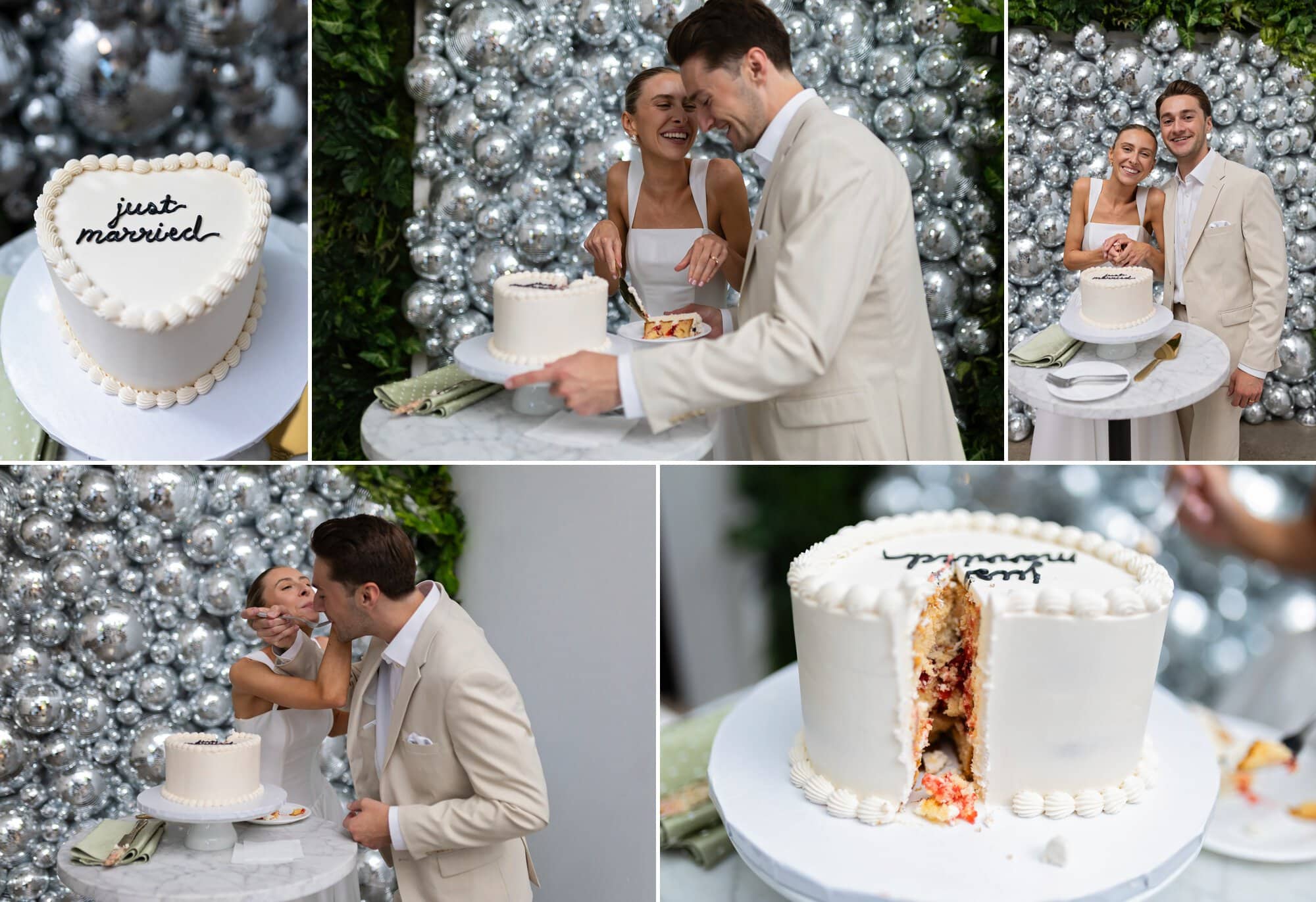 A private cutting of the cake for the bride and groom in front of the disco ball wall at Urban Daisy in Minneapolis, Minnesota
