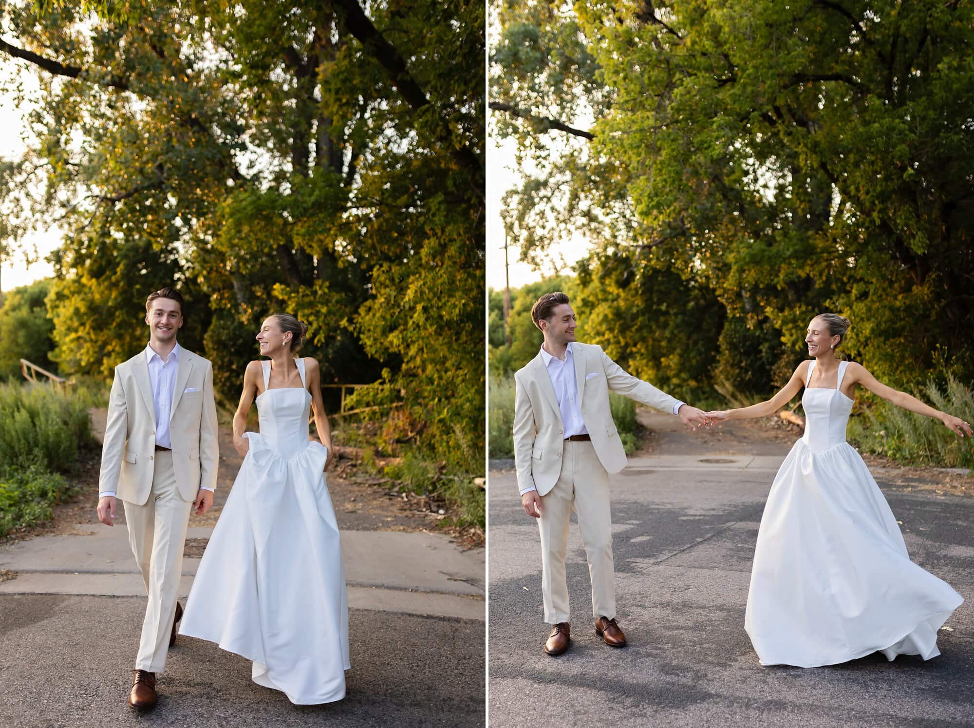 Bride and groom walking during sunset portraits at a relaxed Urban Daisy wedding in Minnepolis, Minnesota